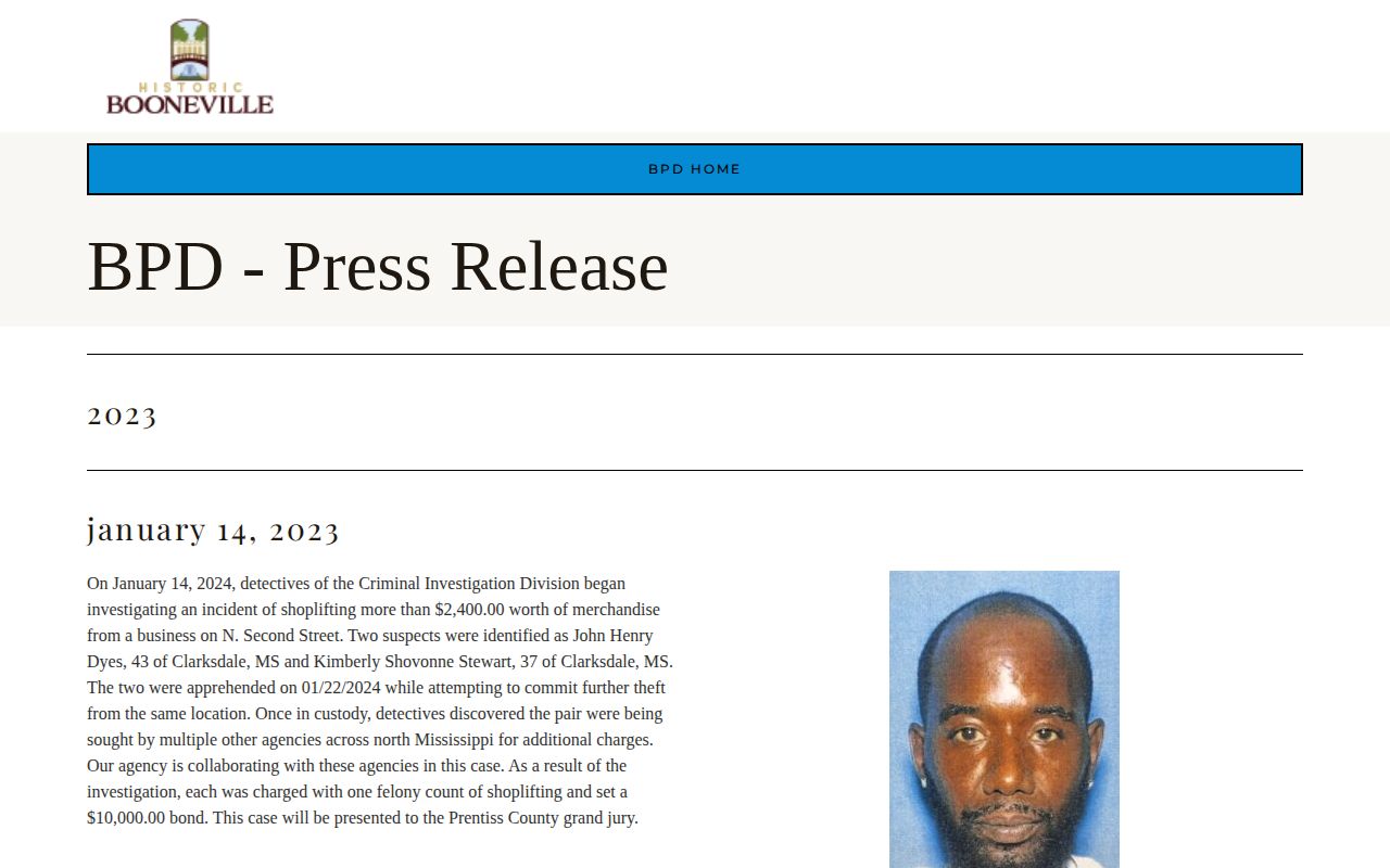 Booneville Police Department arrest release record source