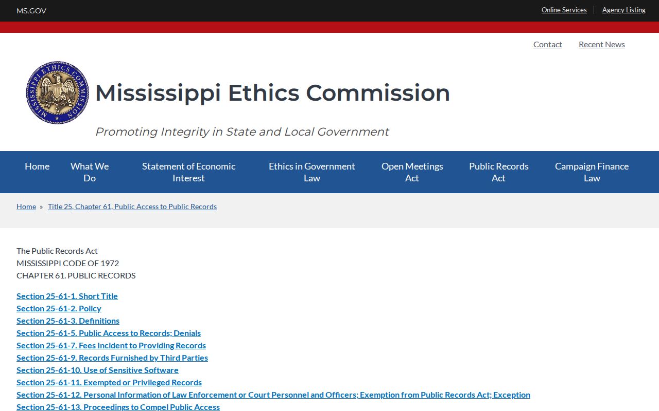 Mississippi Public Records Act guidance for Prentiss County booking requests