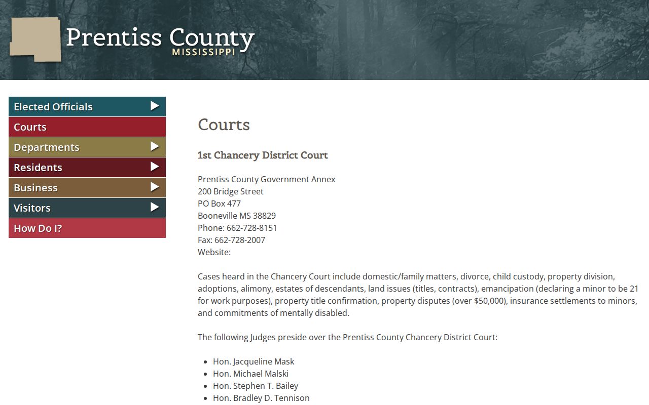 Prentiss County courts page for booking disposition follow-up