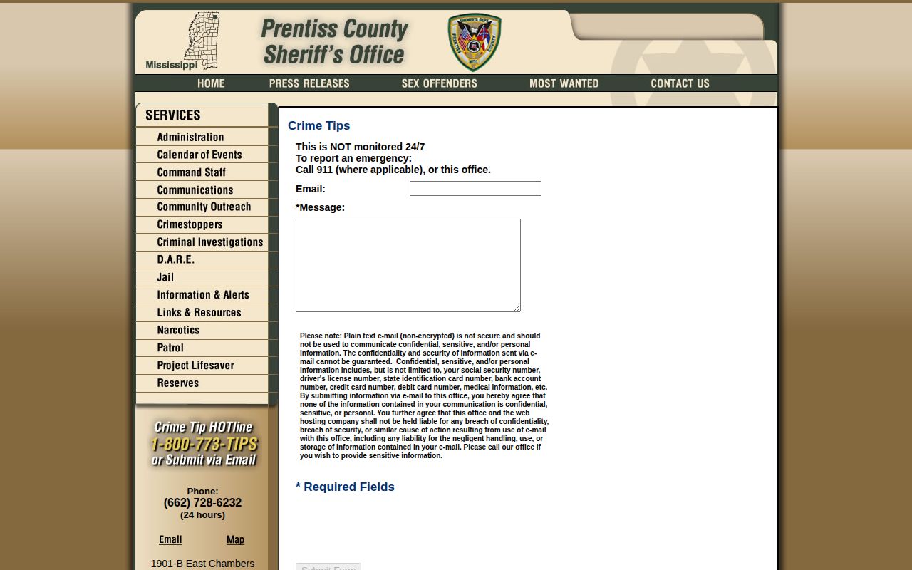 Prentiss County Sheriff non-emergency crime-tip record page